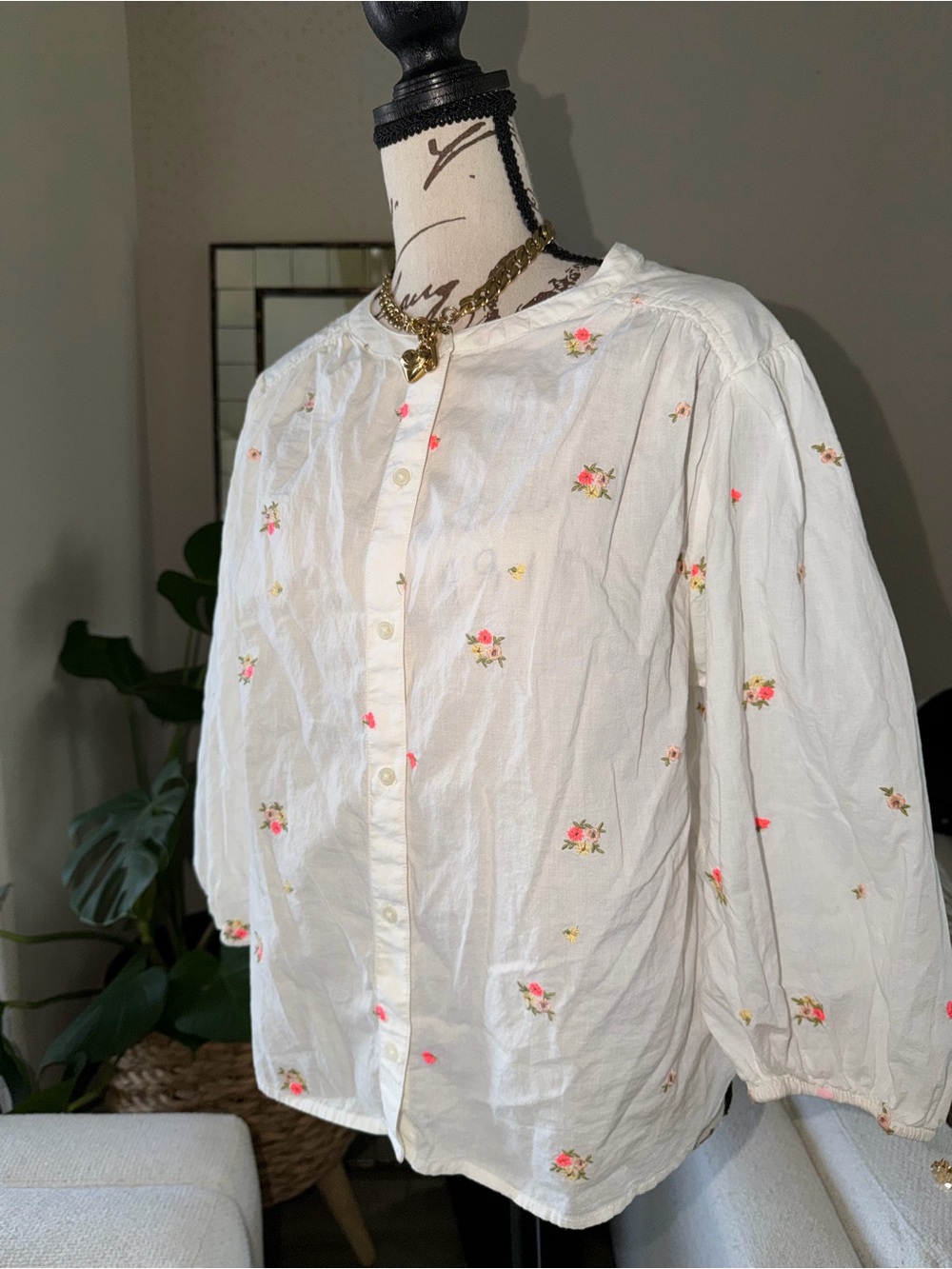 Old Navy Cream Button-Up Shirt with Pink & Yellow Floral Embroidery